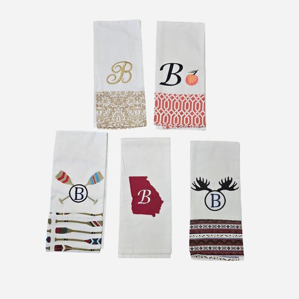 Lot of 5 letter B embroidered monogram tea towels